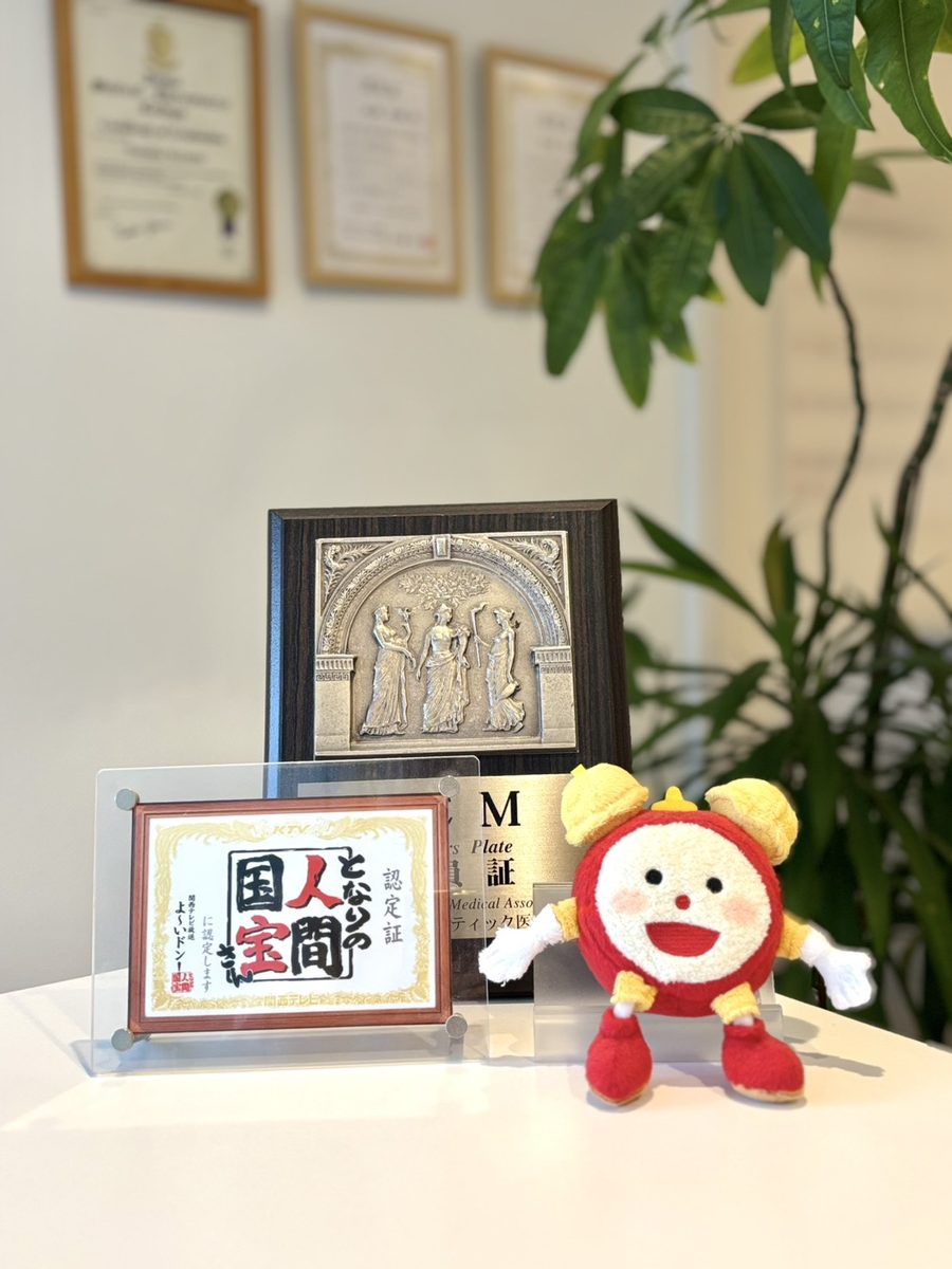 受付の壁に掲示された日本メディカルカイロプラクティック専門学院の認定書・卒業証明書、CSソックスアドバイザー認定書